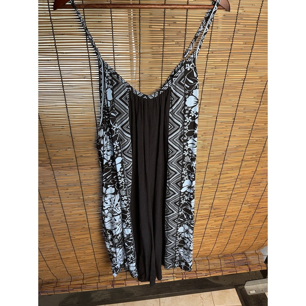 Hula Bay Tropical Floral Panel Dress Large L-13 Black Blue Hibiscus Tribal Rayon